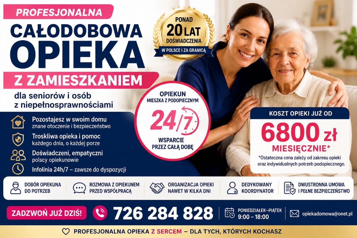 Całodobowa opieka z zamieszkaniem dla seniorów  - 20 lat doświadczenia